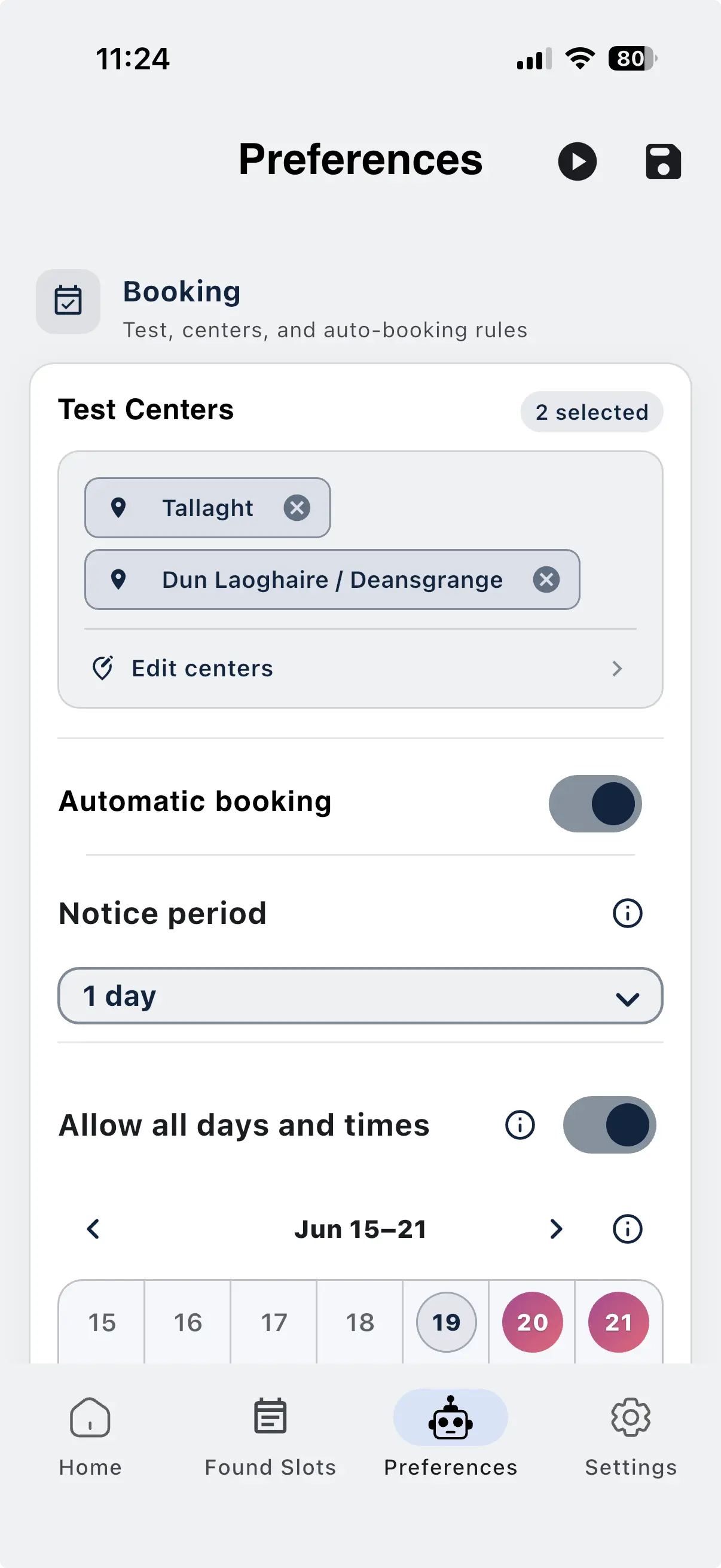 Preferences screen showing test centers, automatic booking, and notice period
