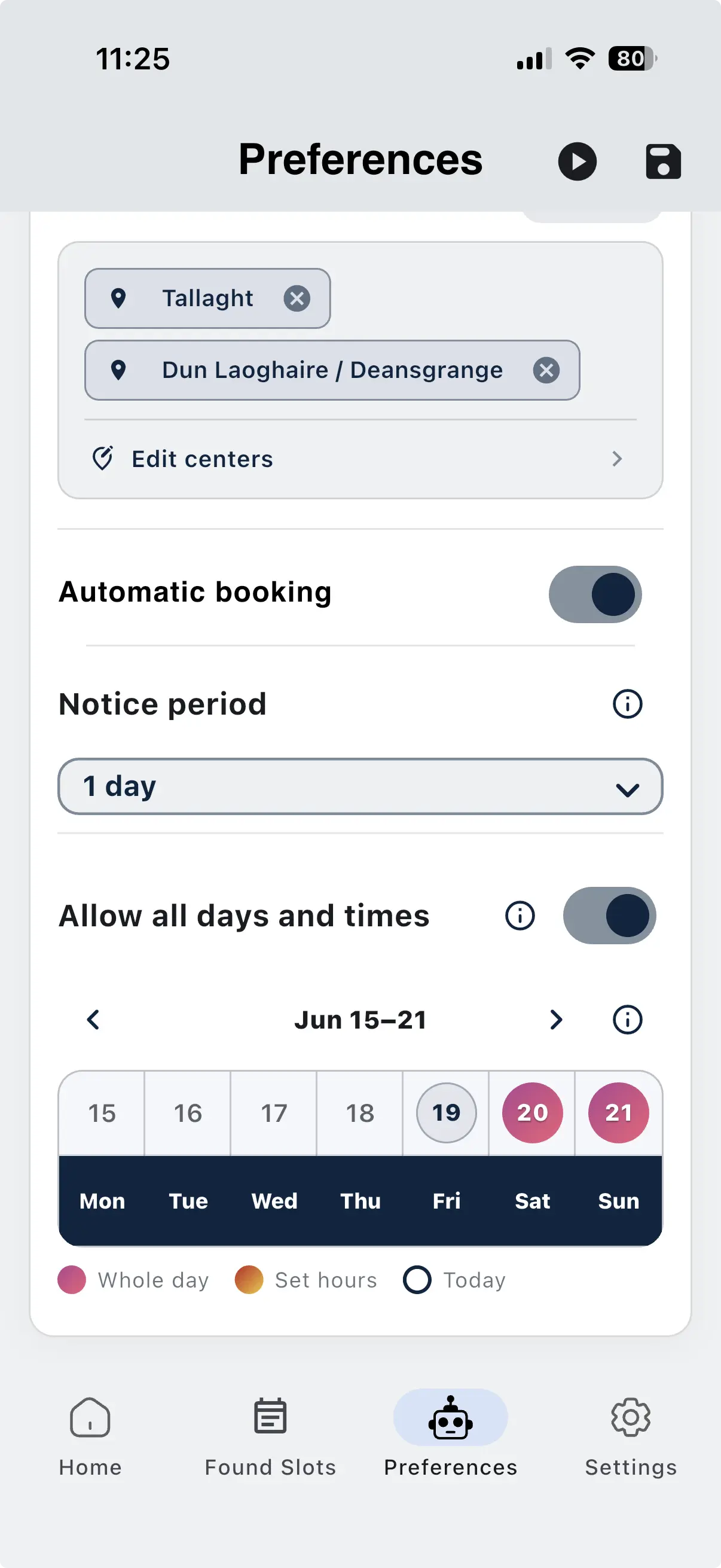 Preferences screen showing date and time availability calendar